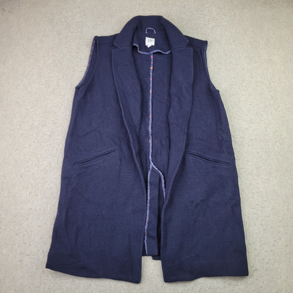 GAP Wool Blend‎ Open Front Long Cardigan Womens L Navy Blue Sleeveless